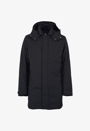 Giacca nera impermeabile con alto colletto, cappuccio e chiusure a scatto. Presenta una vestibilità dritta e tasche laterali. Tessuto morbido e resistente.