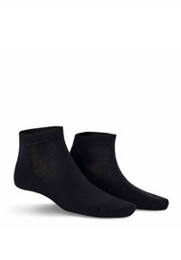 Schwarze Knöchelsocken aus weichem, dehnbarem Material mit einem gerippten Bündchen und verstärkter Zehenpartie. Glatte Textur, einfaches Design, keine Muster.