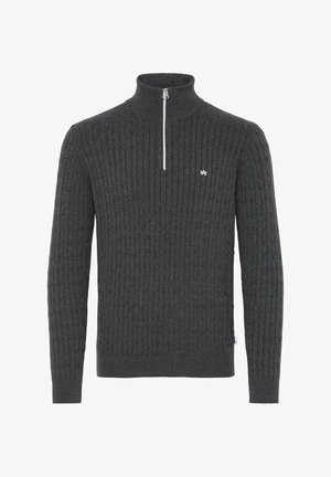 Dunkelgrauer gestrickter Pullover mit hohem Kragen, strukturiertem Rippenmuster und halbem Reißverschluss. Verfügt über ein kleines Logo auf der Brust.