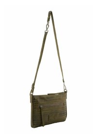 Sac bandoulière vert olive avec des rayures texturées, doté d'une poche avant zippée et d'une sangle ajustable. Fabriqué en tissu résistant.