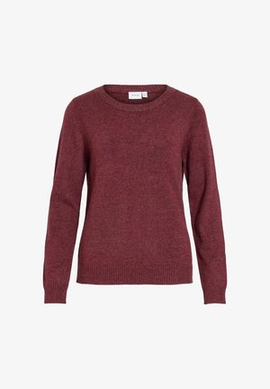Bordowy sweter z długim rękawem i okrągłym dekoltem, z prążkowanymi mankietami i krawędzią, wykonany z miękkiej dzianiny.
