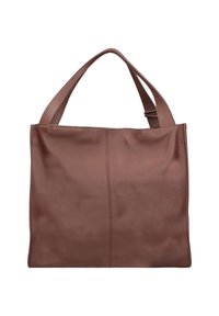Borsa tote in pelle marrone con una texture liscia, due manici robusti e design minimalista con sottili dettagli di cucitura.