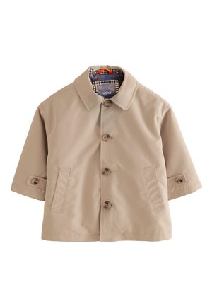 Giacca beige a manica corta con bottoni, due tasche frontali e fodera interna del colletto a quadri.