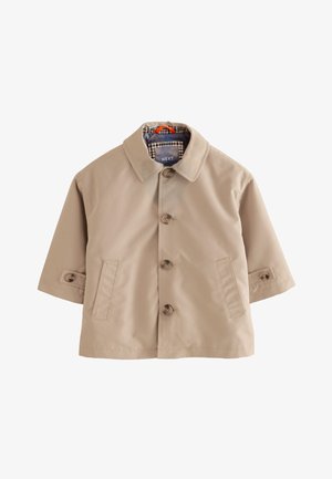 Beige kortærmet jakke med knapper foran, to forlommer og ternet indvendig kraveforing.