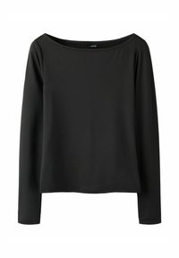 Schwarzes Langarmoberteil mit einem Bootsausschnitt, aus glattem Material gefertigt; verfügt über eine lockere Passform und minimale Nahtdetails, keine Muster.