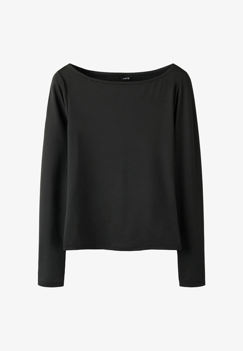 Schwarzes Langarmoberteil mit einem Bootsausschnitt, aus glattem Material gefertigt; verfügt über eine lockere Passform und minimale Nahtdetails, keine Muster.