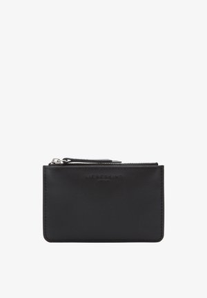Black leather cardholder featuring a zippered pocket, embossed brand logo, and sleek rectangular shape with smooth texture.