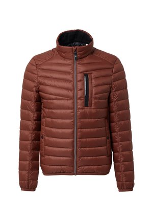 Giacca a vento marrone con colletto alto, chiusura con zip, motivo a righe orizzontali e tasca sul petto con zip. Presenta polsini e orlo elastici.