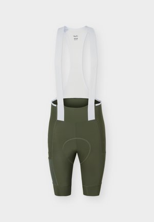 Pantaloni scurți de ciclism verde măsliniu cu bretele albe și zonă de șezut căptușită, concepuți pentru performanță și confort.