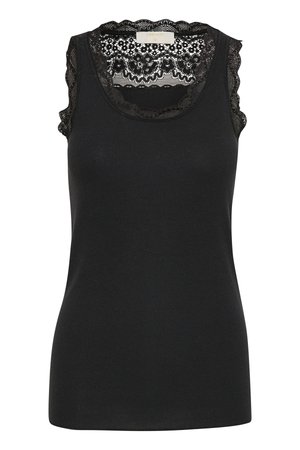 Top a canottiera nera a costine con un delicato pizzo lungo il collo e le spalle, che aggiunge texture e dettagli al design.