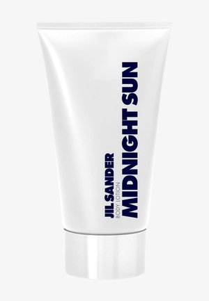 Tube blanc de lotion pour le corps Jil Sander Midnight Sun avec texte vertical bleu foncé sur le devant et bouchon transparent.