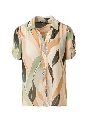 Korte mouw blouse met knopen en een abstract bladmotief in beige, groen en zwart, met een klassieke kraag en geplooide mouwen.
