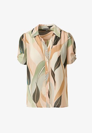 Blusa con bottoni e maniche corte con motivo astratto di foglie in tonalità beige, verde e nero, con colletto classico e maniche raccolte.