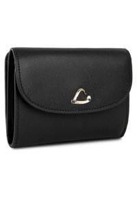 Portefeuille en cuir noir avec fermeture à rabat, présentant un accent doré en forme de cœur. Texture lisse avec des bords cousus et un design compact.