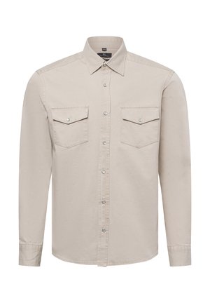 Long-sleeve beige shirt made of cotton with a button-down collar, two chest pockets, and silver snap buttons on the front and pockets.