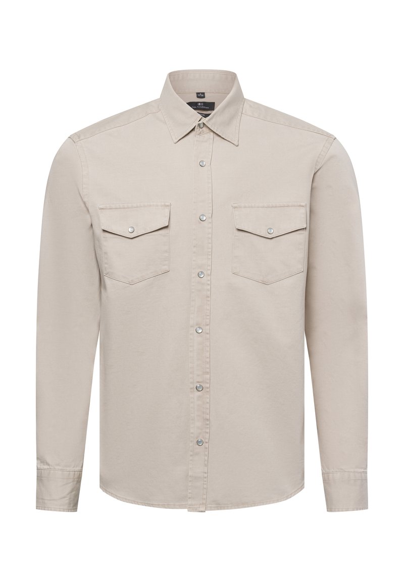 Long-sleeve beige shirt made of cotton with a button-down collar, two chest pockets, and silver snap buttons on the front and pockets.