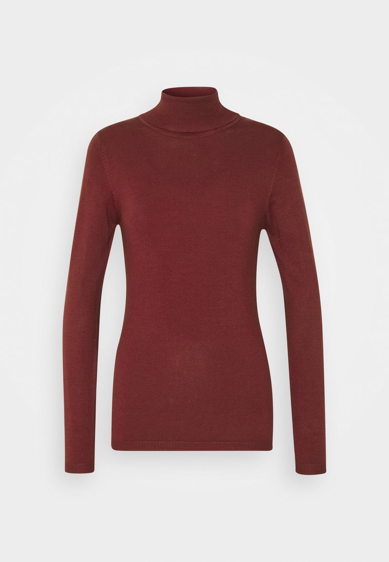 Pull col roulé bordeaux à manches longues avec une silhouette cintrée et un col, des poignets et un ourlet côtelés.