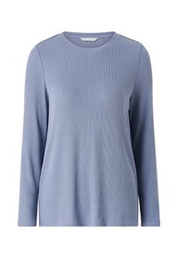 Maglia a maniche lunghe, a coste, di un morbido blu. Presenta un colletto rotondo e una vestibilità comoda. Realizzata in un tessuto liscio e leggero.