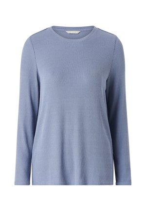 Langärmliges, geripptes Oberteil in sanftem Blau. Mit rundem Ausschnitt und lockerem Schnitt. Hergestellt aus einem glatten, leichten Stoff.