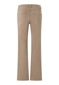 Beige Schlagjeans aus Denim, mit glatter Textur, zwei Gesäßtaschen und einem Lederlogo-Patch am Bund.