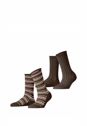 Zwei Paar Wadenhochsocken, eines dunkelbraun mit vertikalen Streifen und das andere dunkelbraun mit rosa und gelben horizontalen Streifen.