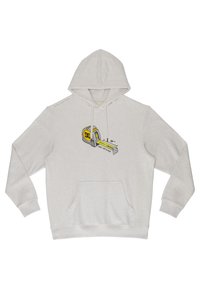 Hoodie gris clair en matériau doux, présentant une poche frontale et un graphique d'un mètre ruban en jaune et noir sur la poitrine.