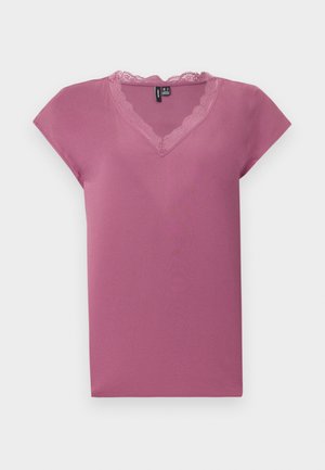 Pink short-sleeve top made of soft fabric with a V-neck and lace trim around the neckline. Smooth texture and relaxed fit.
