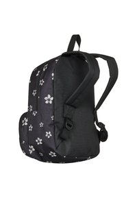 Black backpack with white floral pattern, adjustable straps, front zipper pocket, and durable fabric texture. Side pockets for additional storage.