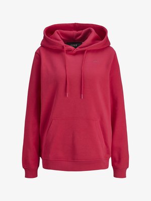 Sarkana kapuce ar priekšējo kabatu. Izgatavota no mīksta auduma, ar auklām pie kapuces un ribotām aprocēm, lai nodrošinātu ciešu piegulšanu.