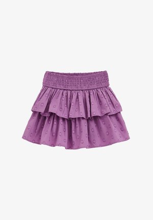 Jupe violette à étages avec une ceinture smockée, fabriquée en tissu doux, présentant des motifs de points en relief et un design fluide.