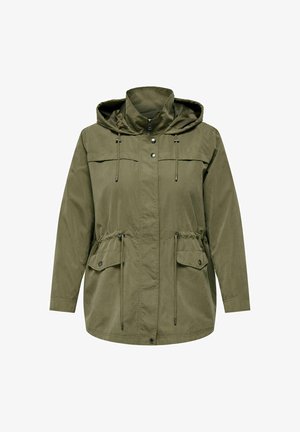 Oliiviroheline jakk kapuutsiga, kummipaelaga vöökoht, kaks esikot, nööp- ja tõmblukukinnitus ning kerge, sile kangastekstuuri.