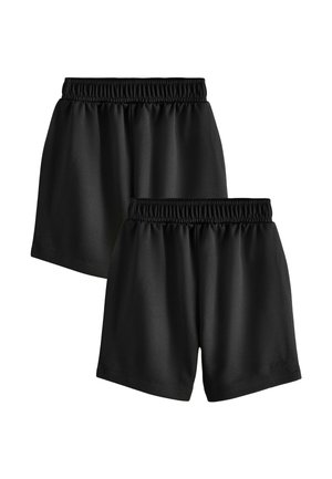 Zwei Paar schlichte schwarze Sportschorts mit elastischem Bund, auf weißem Hintergrund dargestellt.