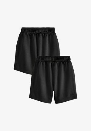 Twee paar effen zwarte sportshorts met elastische taillebanden, weergegeven op een witte achtergrond.