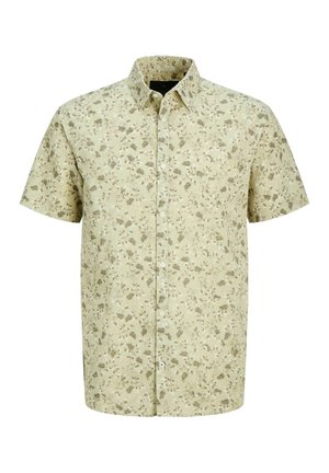 Kortærmet, beige skjorte med knapper og et lille, spredt blomsterprint i dæmpede brune og creme nuancer.