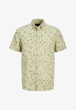 Chemise beige à manches courtes avec boutons, imprimé floral petit et dispersé dans des tons marron atténués et crème.