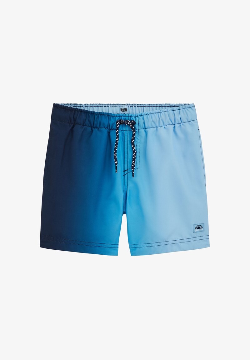 Shorts de bain bleus avec un design dégradé, dotés d'une ceinture élastique, d'un cordon de serrage ajustable et d'une poche latérale. Texture lisse.