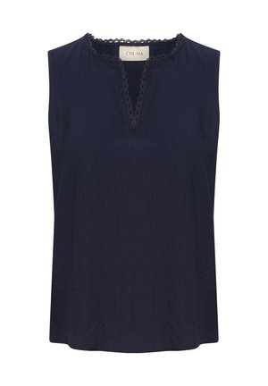 Top sans manches bleu marine avec encolure en V, doté d'une délicate bordure en dentelle. Le tissu présente une apparence légèrement texturée. Étiquette : Cream.