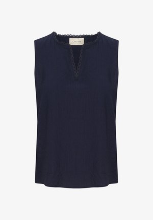 Nāvzils zils piedurkņu tops ar V-veida izgriezumu, rotāts ar smalku mežģīņu apdari. Audums ir nedaudz teksturēts. Etikete: Cream.