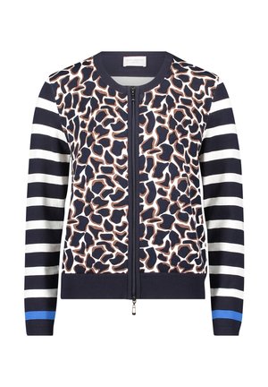 Marineblauw- en witgestreepte cardigan met een rits aan de voorkant, voorzien van een bruin en crèmekleurig abstract dierenprint op het belangrijkste deel en blauwe accenten.