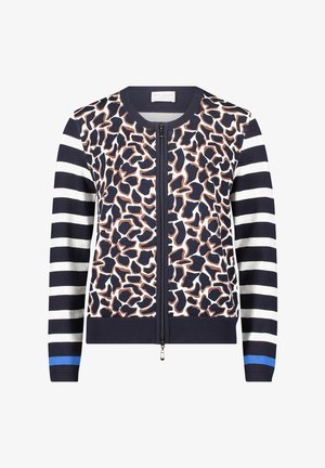 Cardigan à rayures bleu marine et blanc avec une fermeture zippée, présentant un imprimé animalier abstrait marron et crème sur le corps principal et des accents bleus.