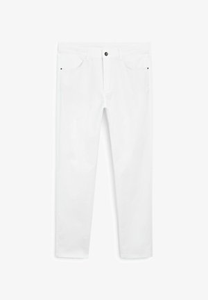 Weiße Baumwollhose mit geradem Bein, ausgestattet mit einem Knopf- und Reißverschluss, vorderen Taschen und minimalen Nähakzenten.