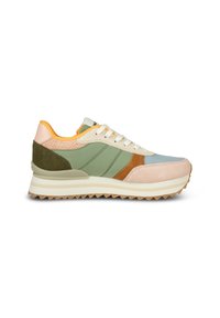 Multikleurige sneaker met suede, mesh en leer in pastelkleuren; groene, perzik- en bruine accenten; gestructureerde patronen; dikke witte zool.