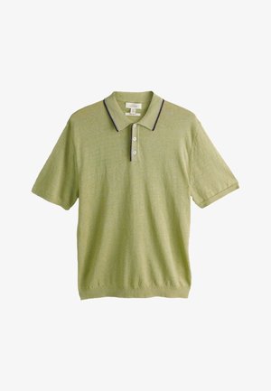 Hellgrünes kurzärmliges Poloshirt mit drei Knöpfen und dunklen Besätzen am Kragen und der Knopfleiste, mittlere Größe.