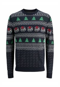 Marineblauwe trui met feestelijke patronen van groene kerstbomen en cadeau-dozen met rode strikken, gebreide textuur, ronde hals en geribbelde manchetten.