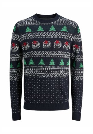 Granatowy sweter z festywnymi wzorami zielonych choinek i pudełek prezentowych z czerwonymi wstążkami, plecionka, okrągły dekolt oraz ściągacze na rękawach.