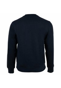 Dunkelblaues Langarm-Crewneck-Sweatshirt von hinten gezeigt, mit gerippten Bündchen und Saum.