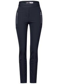 Navy stretch pants with a fitted design, featuring side zip pockets and a textured waistband for added detail. Smooth, lightweight fabric.