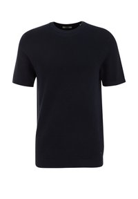 Navy blue knit short-sleeve T-shirt with a round neckline and ribbed cuffs and hem, featuring a subtle textured pattern.