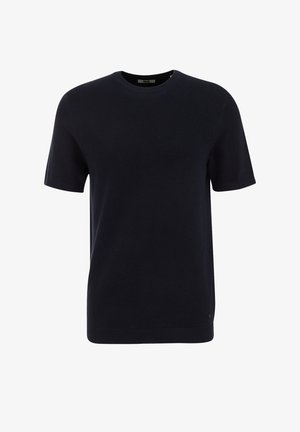 T-shirt en tricot bleu marine à manches courtes avec un col rond et des poignets et un ourlet côtelés, présentant un motif texturé subtil.