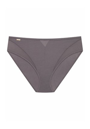 Szare majtki typu bikini wykonane z miękkiej tkaniny, o gładkiej fakturze, subtelnych detalach szwów oraz klasycznym niskim kroju.